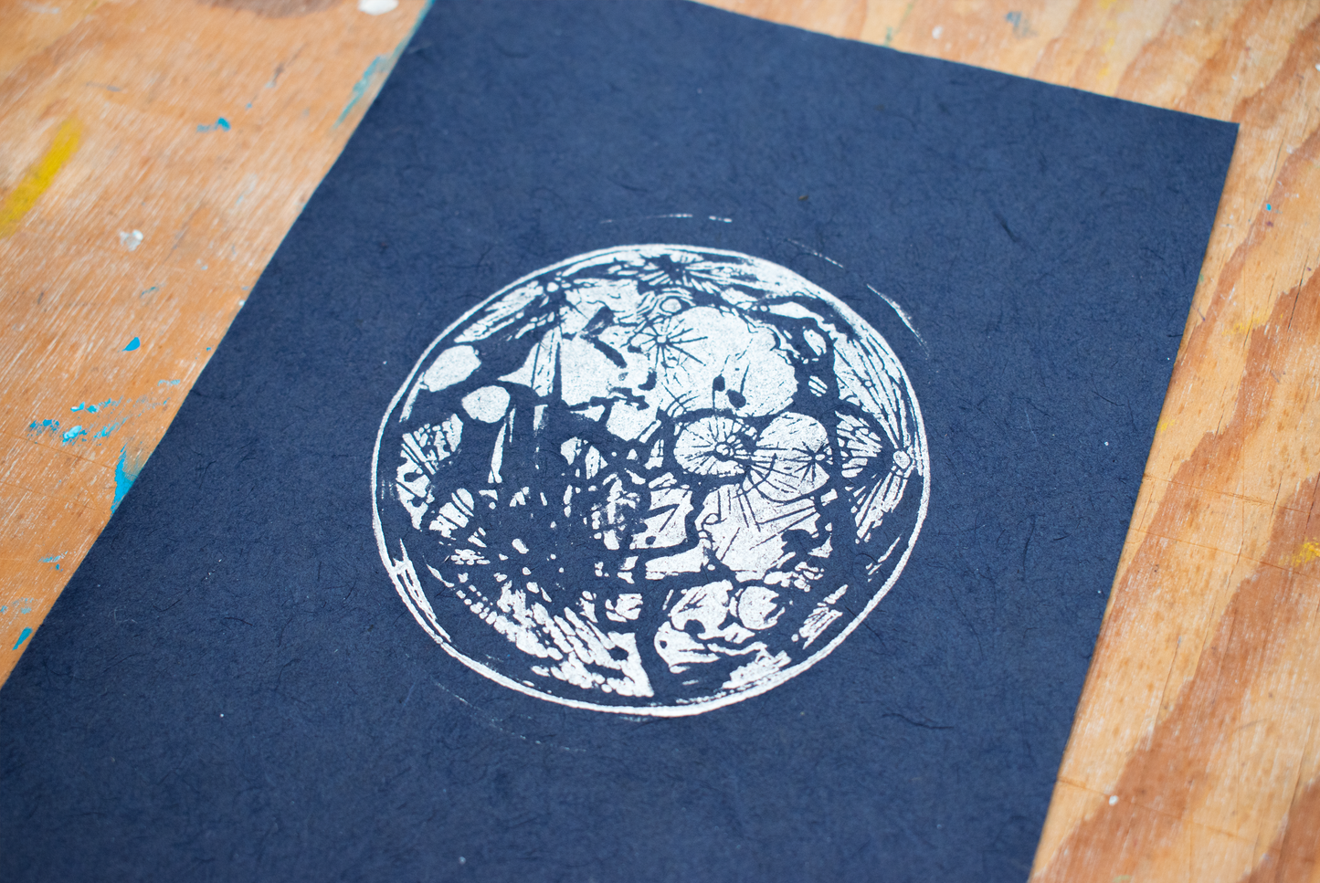 'Little Moon' A5 Linocut Print (Blue/Silver)