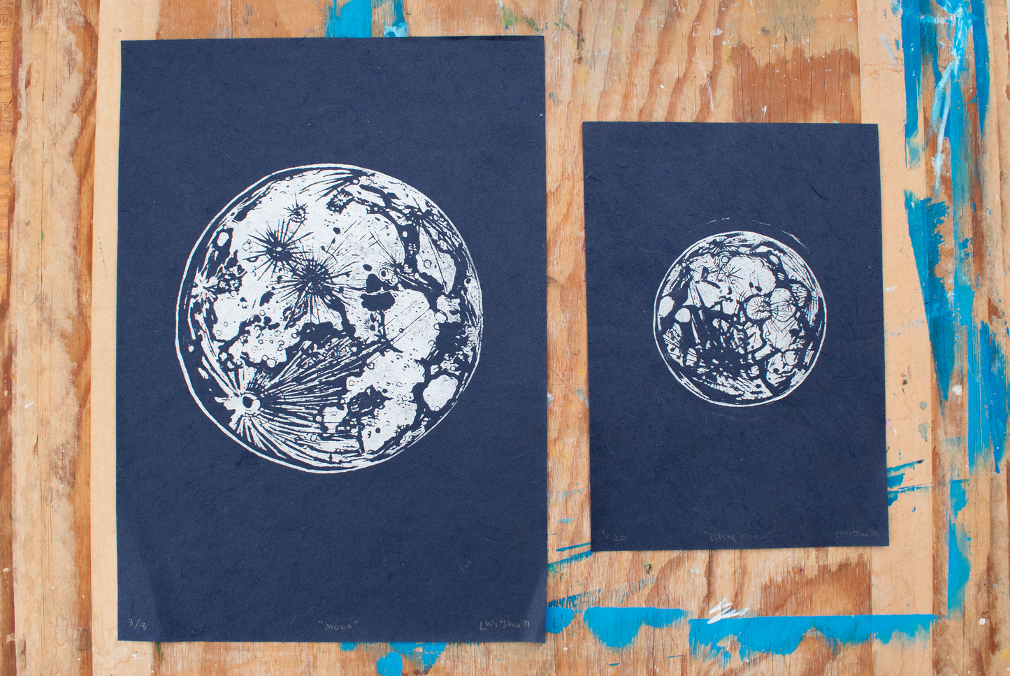 'Little Moon' A5 Linocut Print (Blue/Silver)