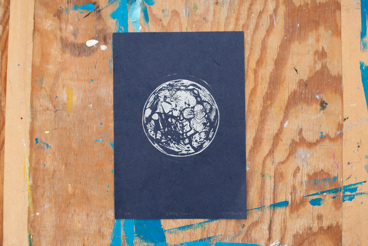 'Little Moon' A5 Linocut Print (Blue/Silver)