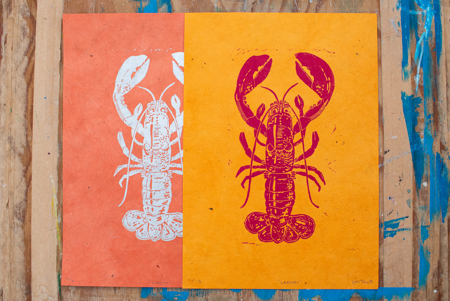 'Lobster' A4 Linocut Print (Orange/Silver)