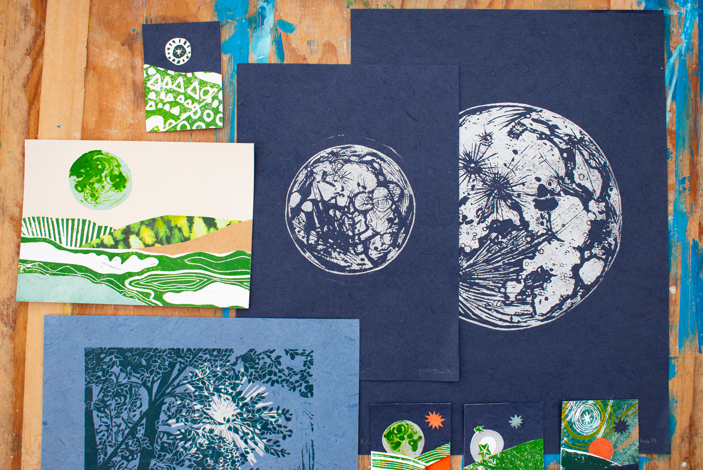 'Little Moon' A5 Linocut Print (Blue/Silver)