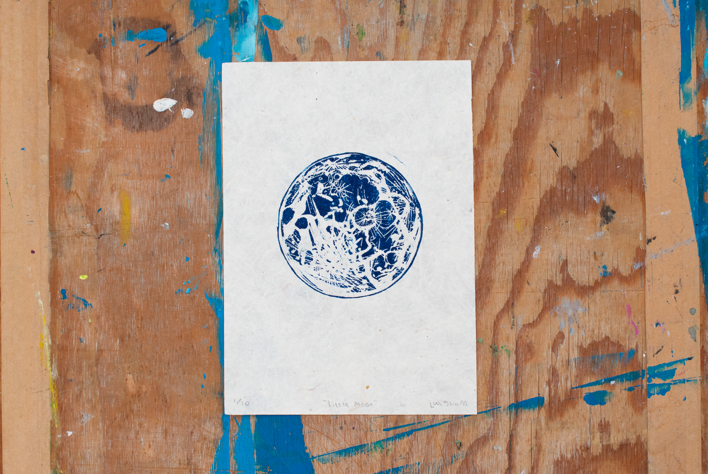 'Little Moon' A5 Linocut Print (White/Navy)