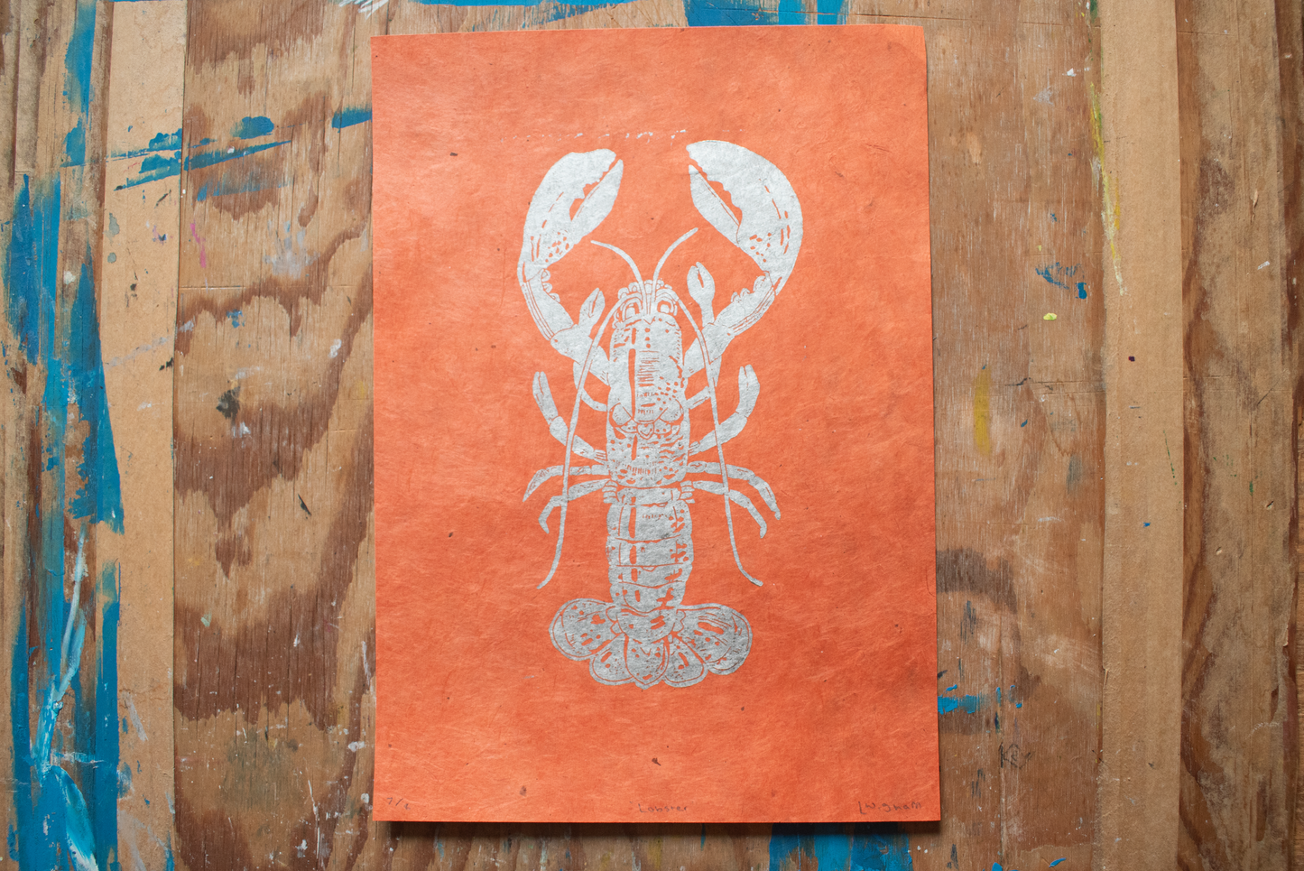 'Lobster' A4 Linocut Print (Orange/Silver)