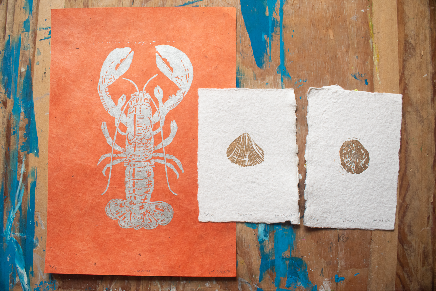 'Lobster' A4 Linocut Print (Orange/Silver)